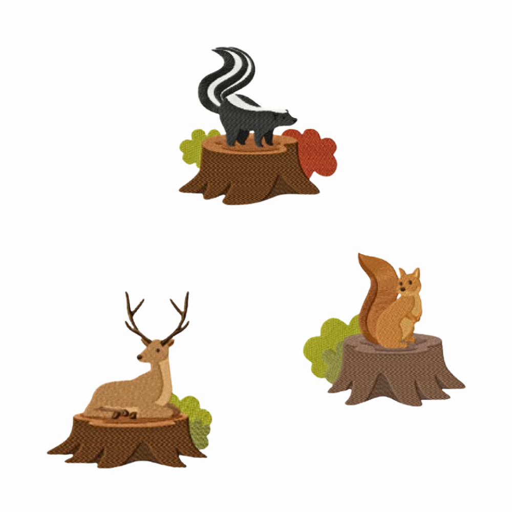 Pack de 15 motifs de broderie machine : Animaux de la forêt sur un tronc