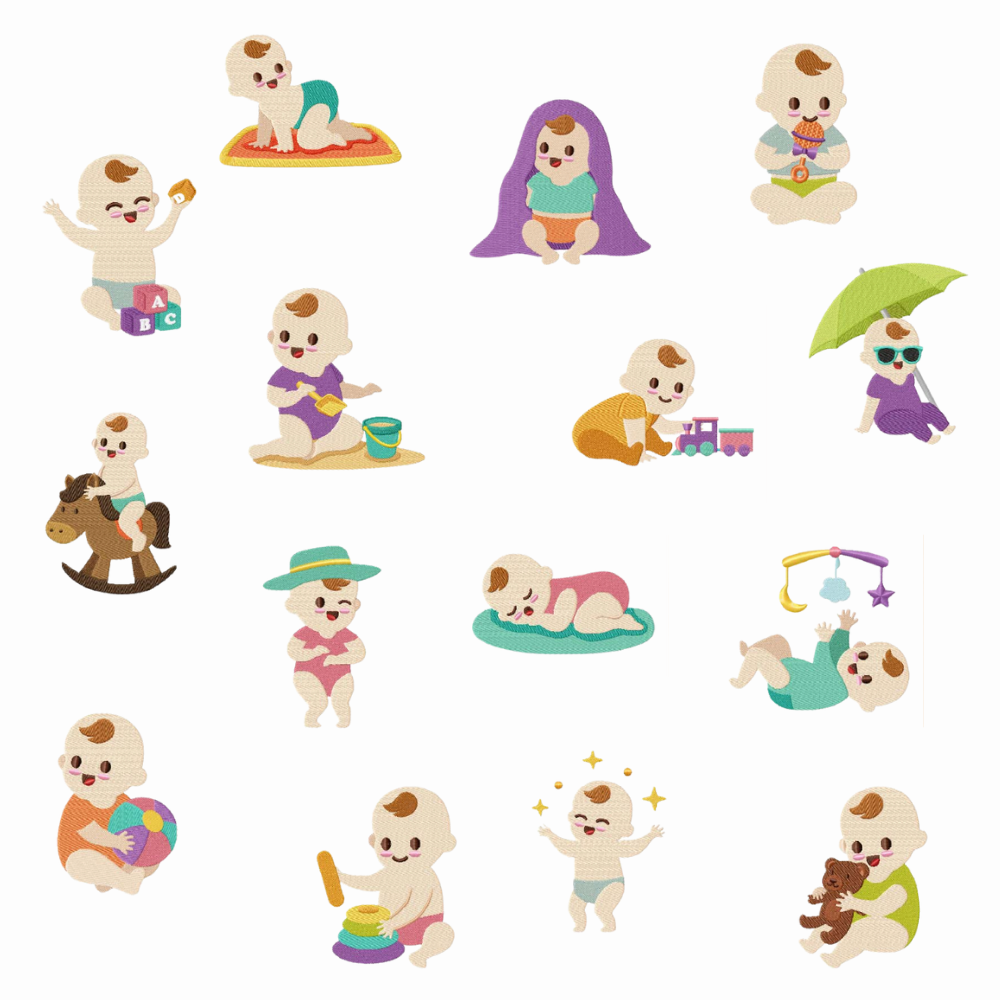 Pack de 15 motifs de broderie machine : Activité de bébé