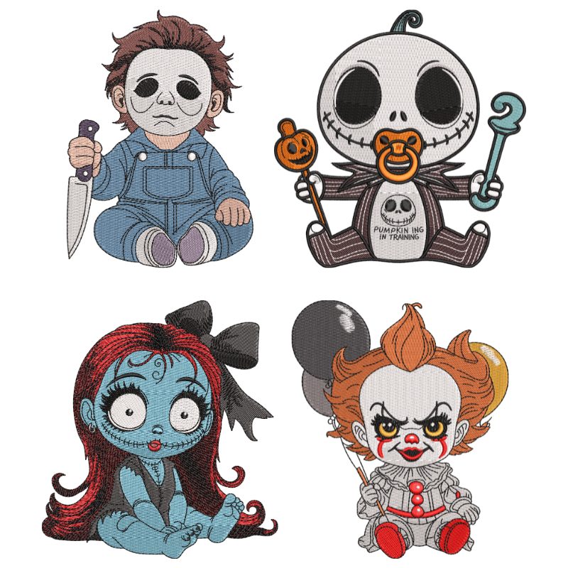 4 motifs de broderie machine : Personnages Bébés Halloween