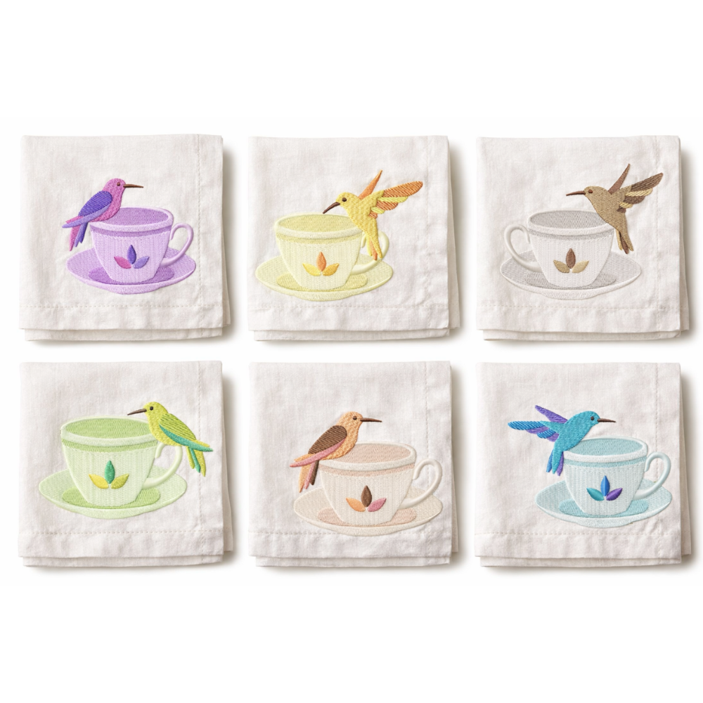 Pack de 6 motifs de broderie machine : Colibri sur Tasse à thé