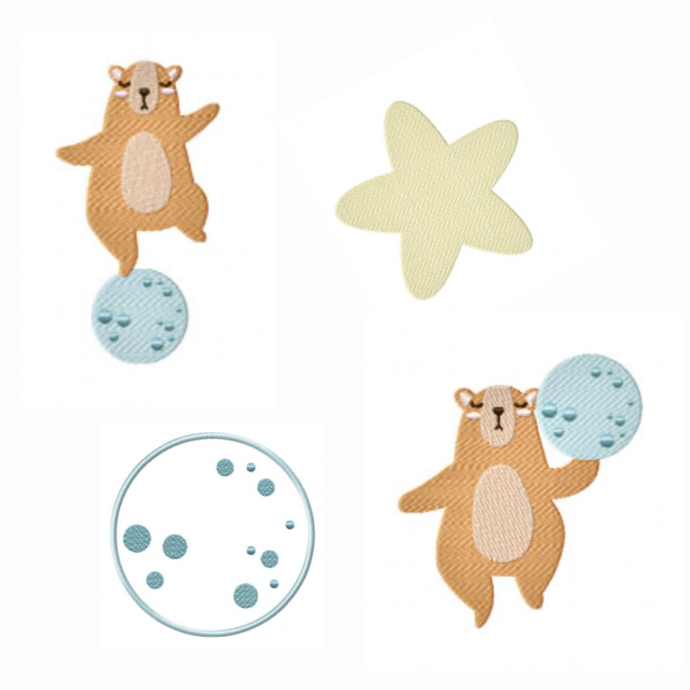 Pack de 8 motifs de broderie machine et appliqué : ourson avec lune