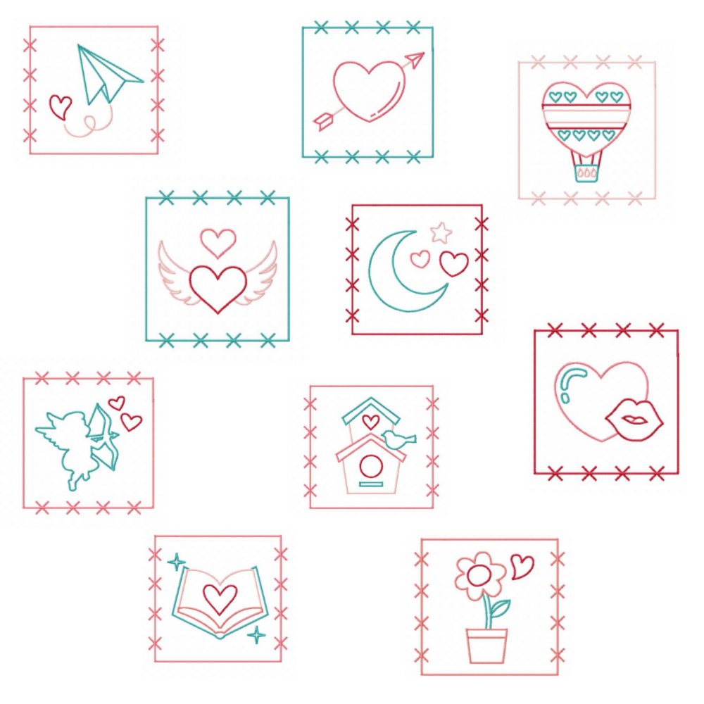 10 Motifs de broderie machine : Patches Saint-Valentin Mignons