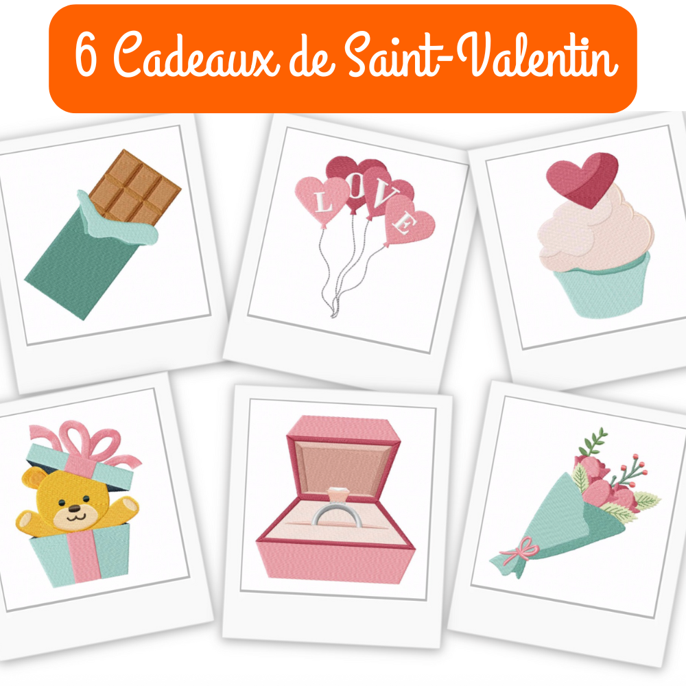 6 motifs de broderie machine : Cadeaux de Saint-Valentin