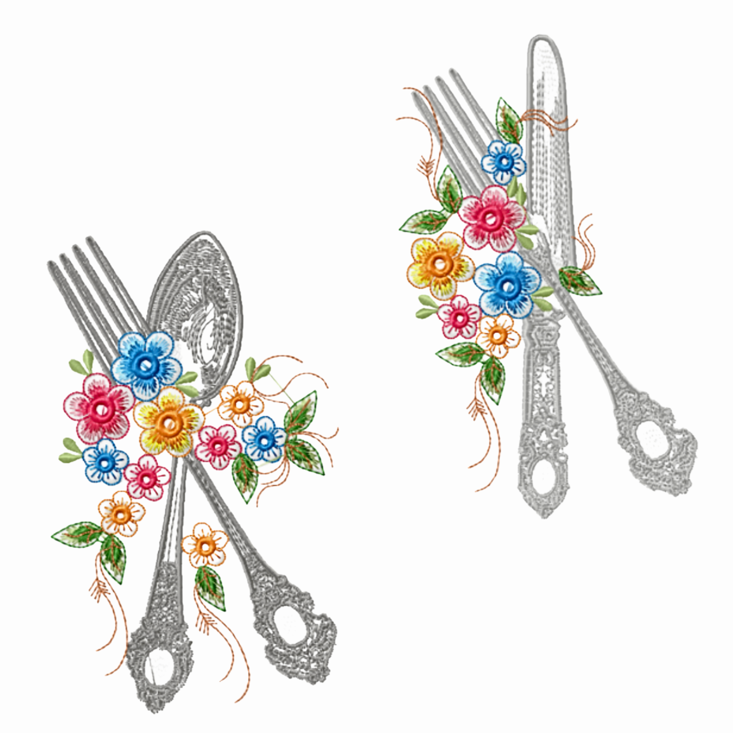 Pack de 5 motifs de broderie machine : ustensiles de cuisine avec fleurs
