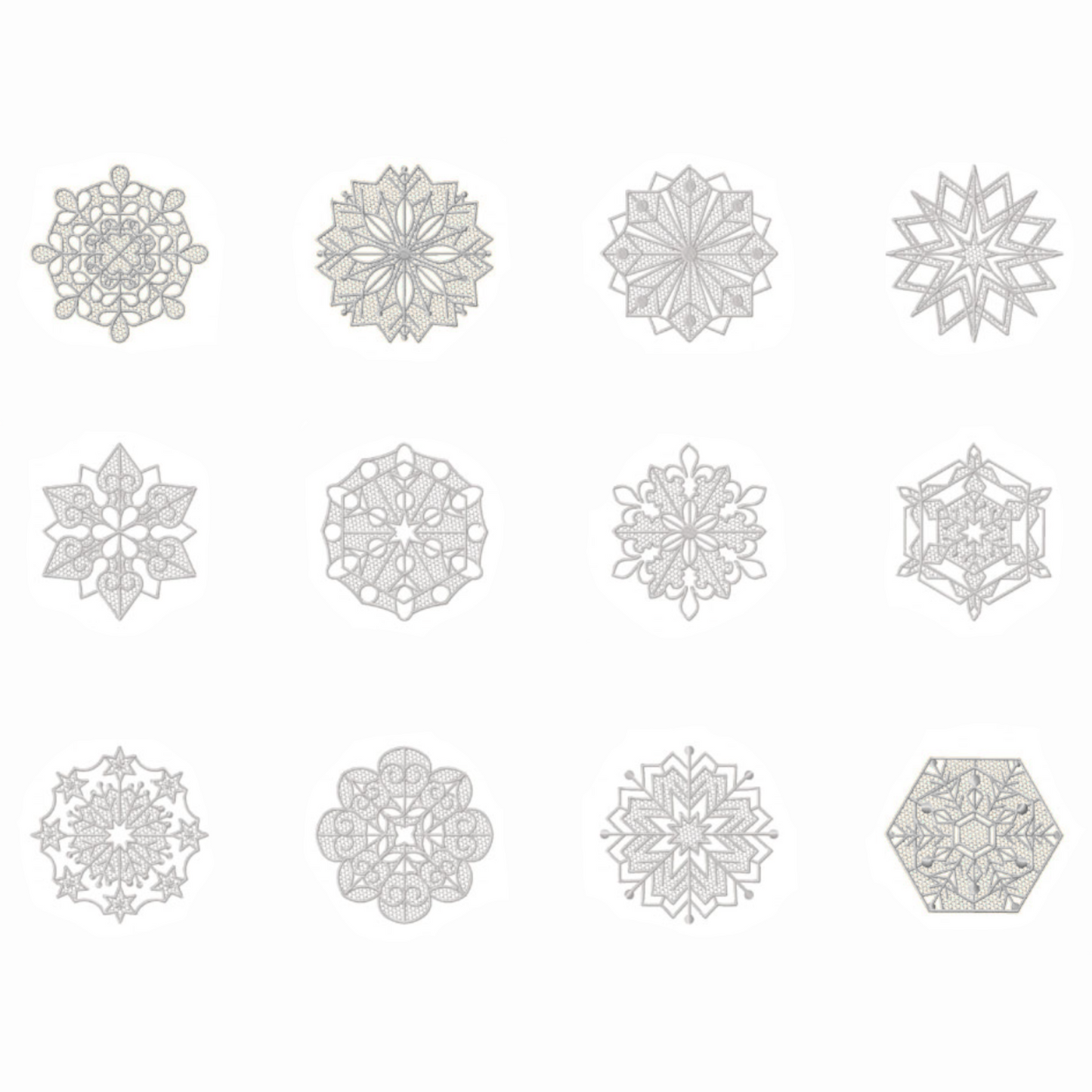 Pack de 12 motifs de broderie numérique: flocons de neige en dentelle