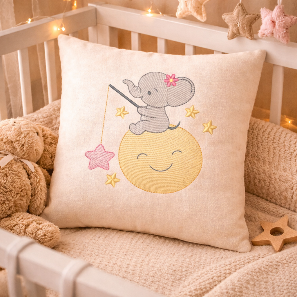 Motif de broderie machine : Bébé Éléphant qui Pêche une Étoile