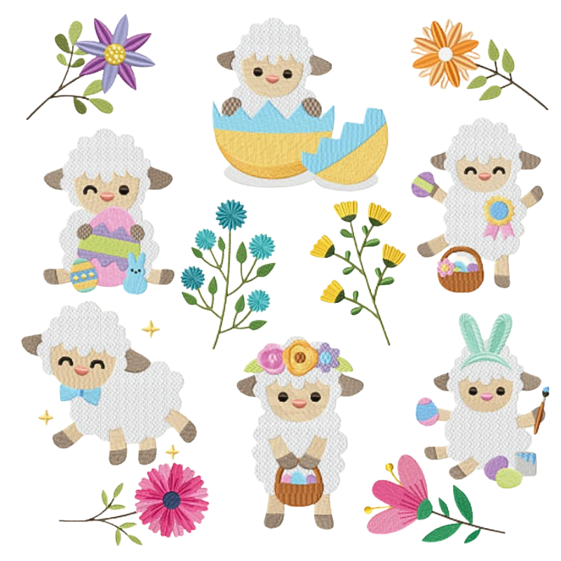12 motifs de broderie machine : Moutons de Pâques et Fleurs