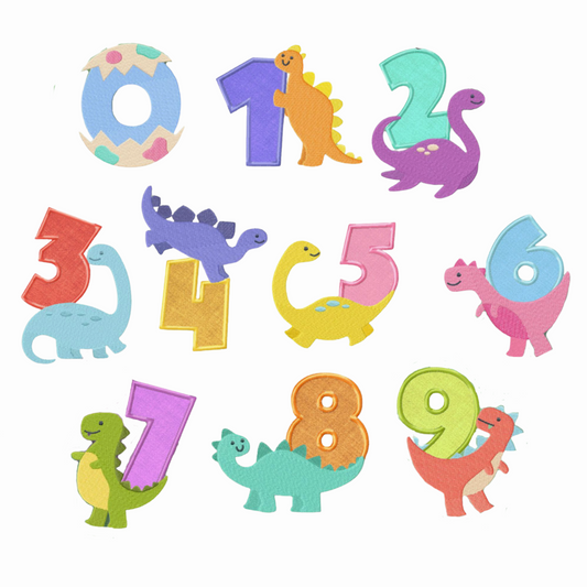 Pack de 10 motifs de broderie appliqués : Bébé dinosaures avec numéro