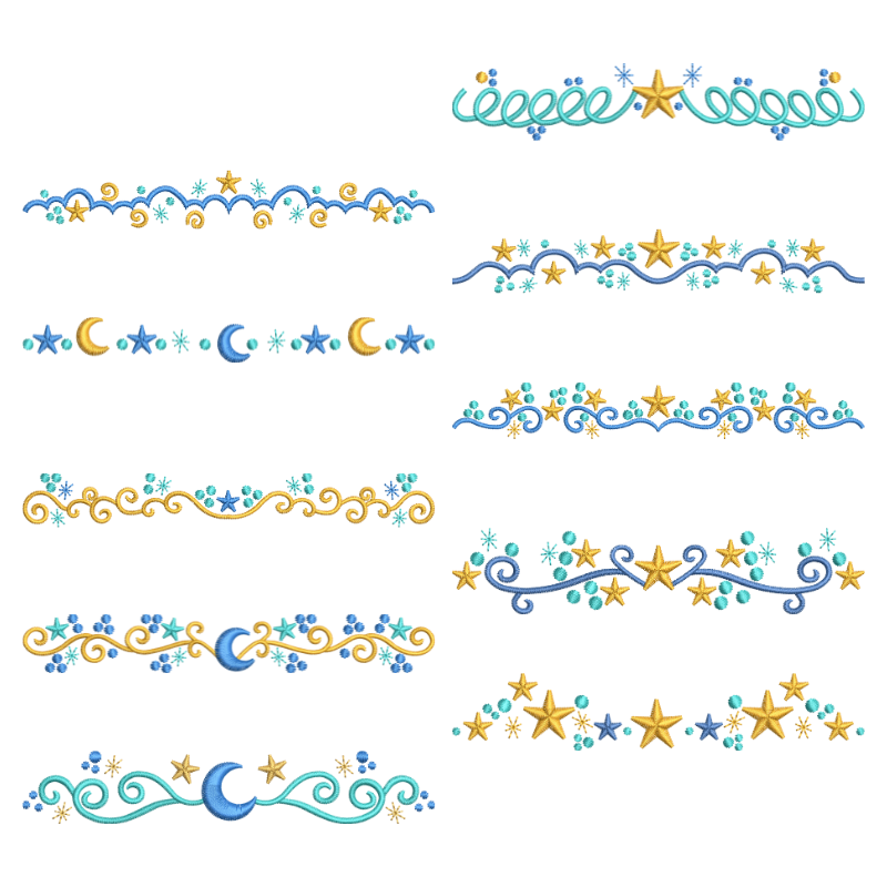 12 motifs de broderie numérique : Bordures Etoile et Lune