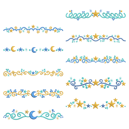 12 motifs de broderie numérique : Bordures Etoile et Lune
