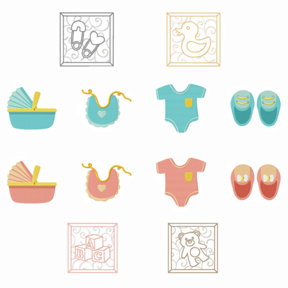 Pack de 14 motifs de broderie machine : Baby Shower Garçon et Fille