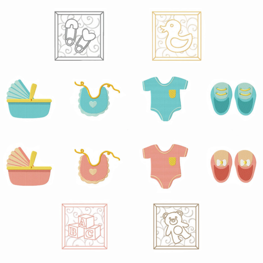 Pack de 14 motifs de broderie machine : Baby Shower Garçon et Fille