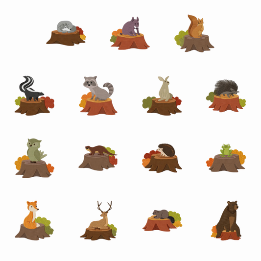 Pack de 15 motifs de broderie machine : Animaux de la forêt sur un tronc