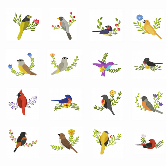 Pack de 16 broderies numérique : Oiseaux printaniers avec fleurs