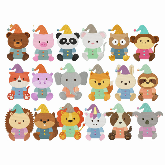 Pack de 18 motifs de broderie numérique : bébé animaux en pyjama