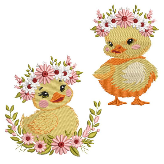 2 Motifs de broderie machine : Canetons en fleurs