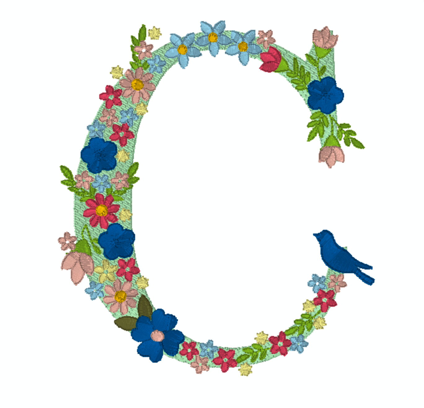 Motif de broderie : 26 Lettres de l'alphabet avec oiseau