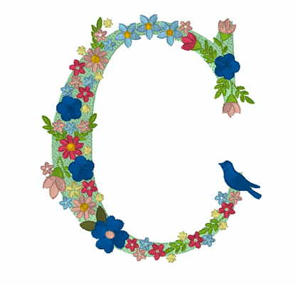 Motif de broderie : 26 Lettres de l'alphabet avec oiseau