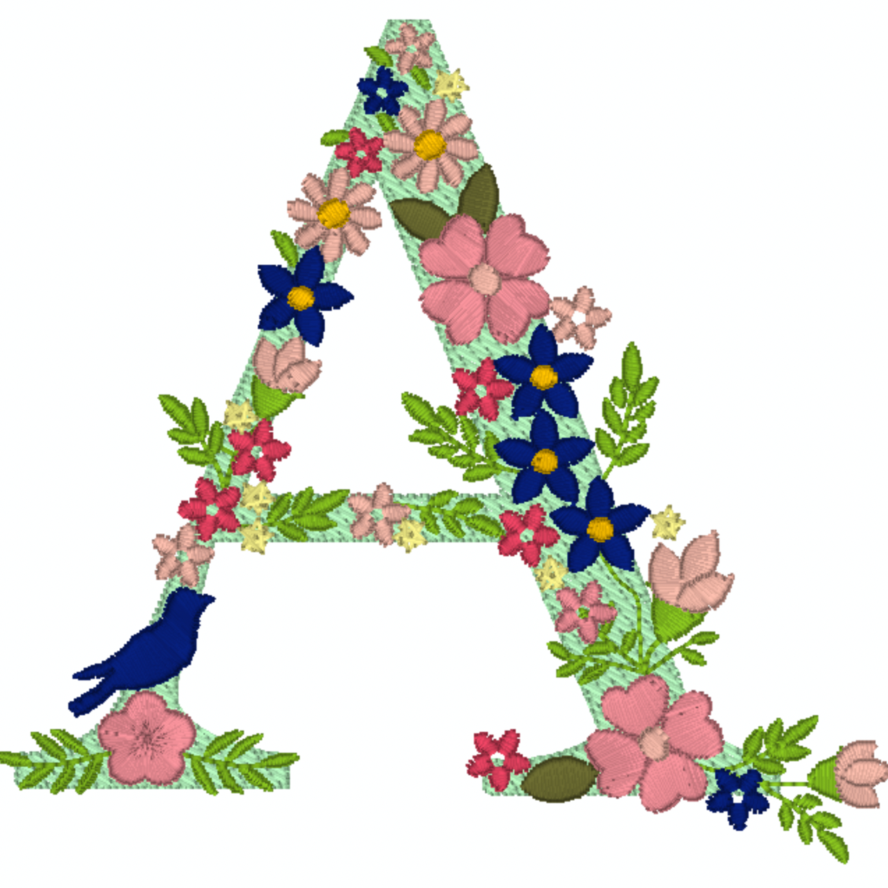 Motif de broderie : 26 Lettres de l'alphabet avec oiseau