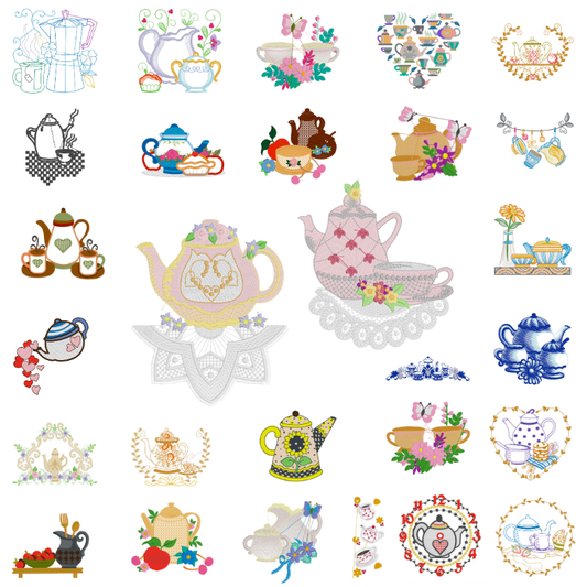 29 motifs de broderie machine : Théières et tasses