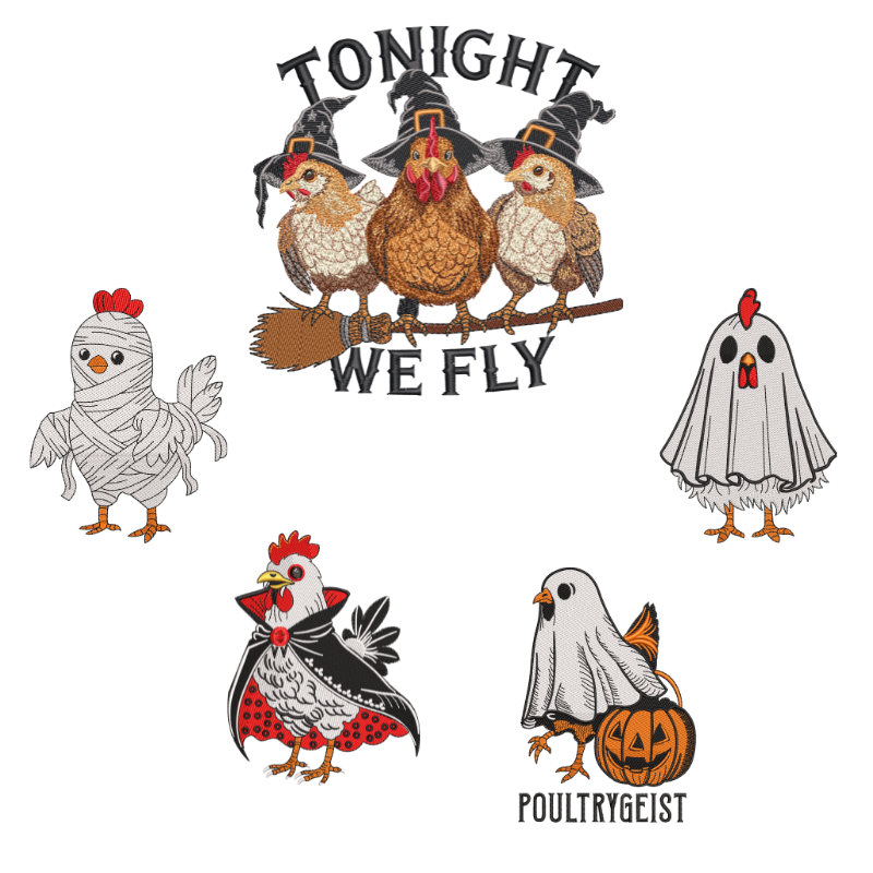 7 motifs de broderie machine : Poules Halloween
