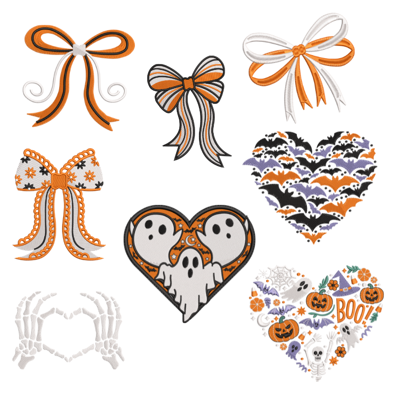 8 motifs de broderie machine : Lacets et coeurs Halloween