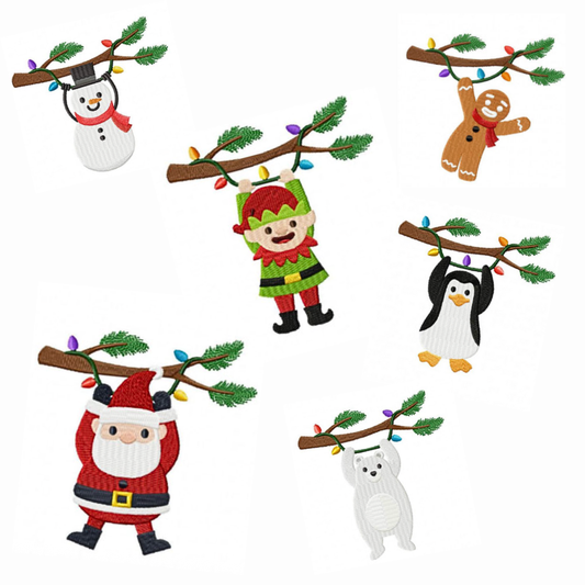 6 Motifs de broderie machine : Personnages de Noël sur branche