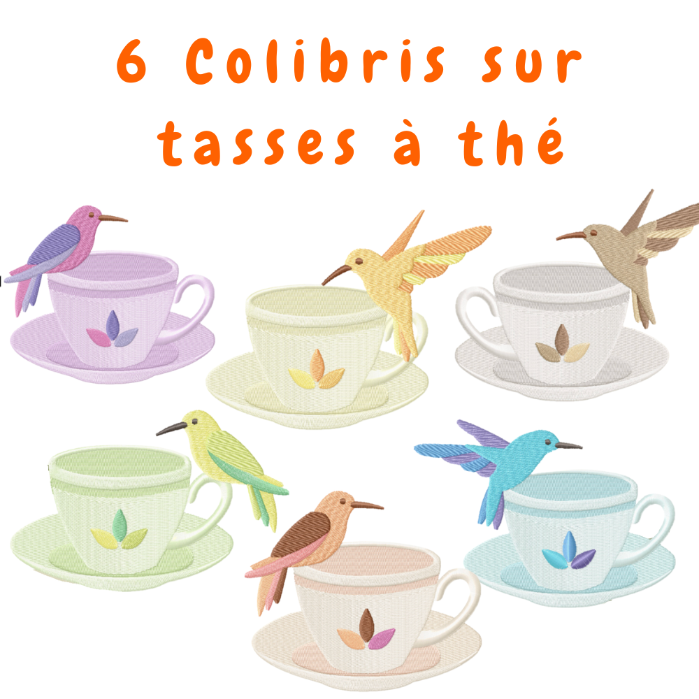 Pack de 6 motifs de broderie machine : Colibri sur Tasse à thé
