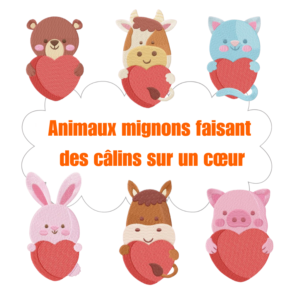 6 motifs de broderie machine : Animaux mignons câlin coeur