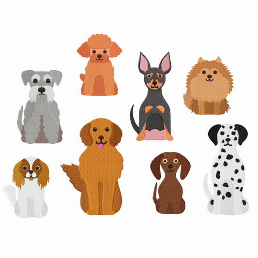Pack de 8 motifs de broderie numérique : 8 races de chiens mignons