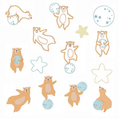 Pack de 8 motifs de broderie machine et appliqué : ourson avec lune
