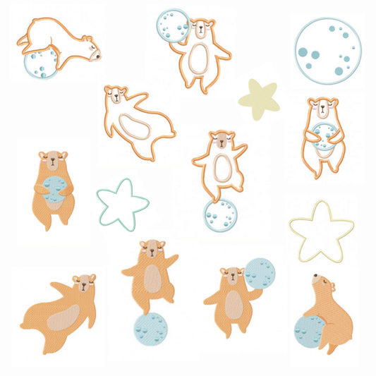 Pack de 8 motifs de broderie machine et appliqué : ourson avec lune