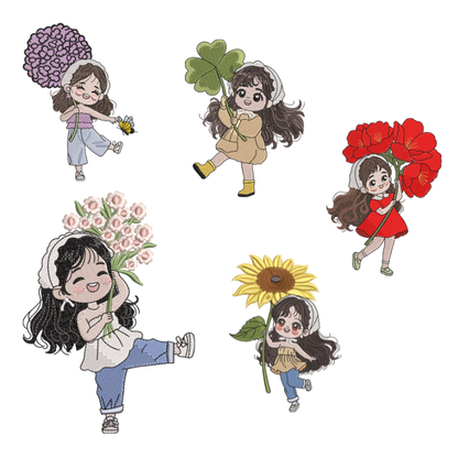 5 Motifs de broderie machine : Fillettes Manga avec fleurs