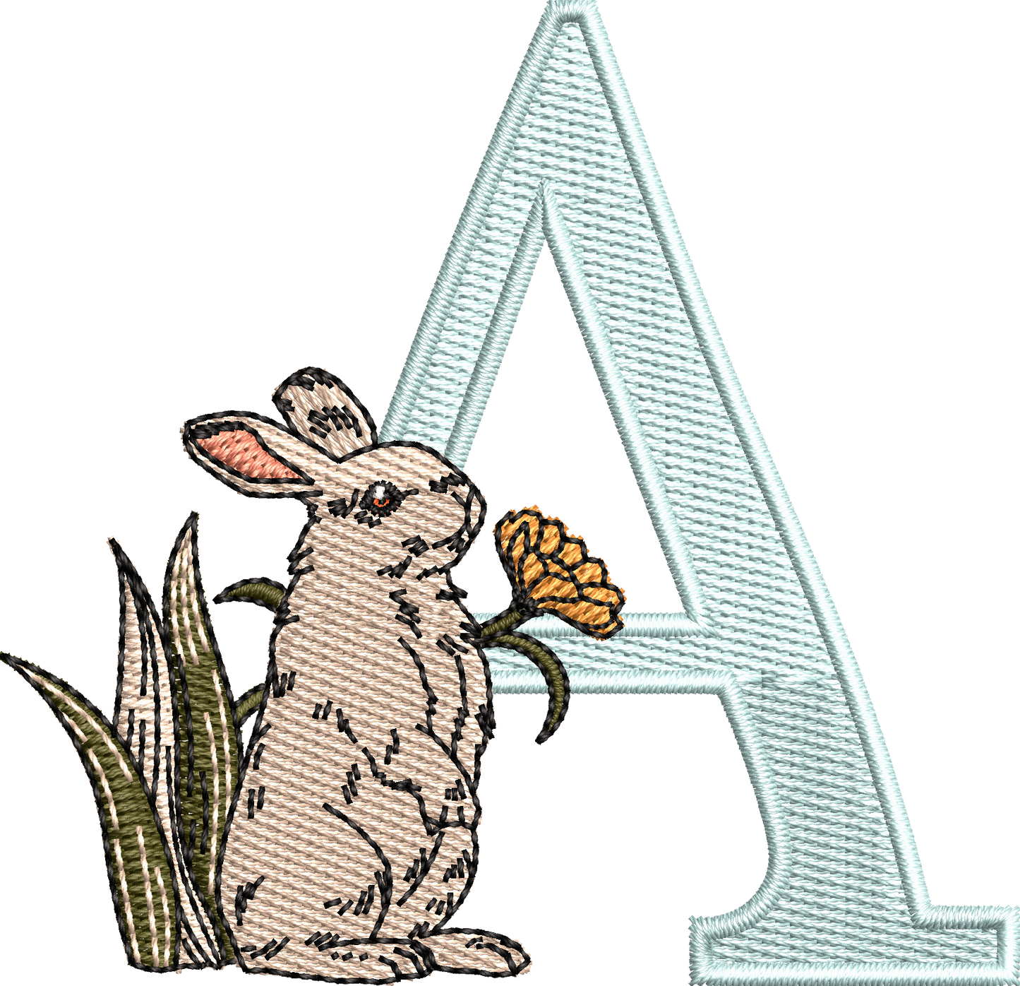 26 Motifs de broderie machine : Alphabet Lapin Fleur