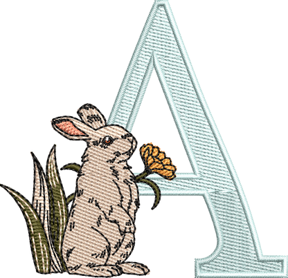 26 Motifs de broderie machine : Alphabet Lapin Fleur