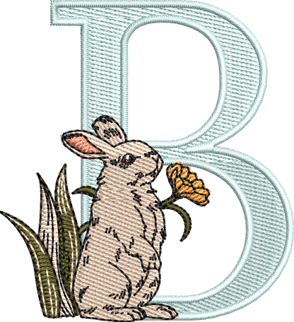 26 Motifs de broderie machine : Alphabet Lapin Fleur