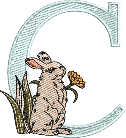 26 Motifs de broderie machine : Alphabet Lapin Fleur
