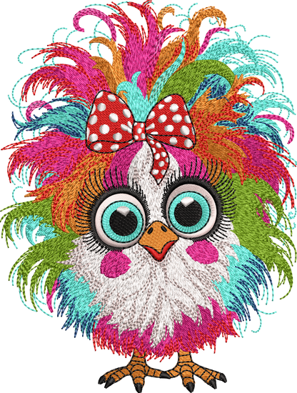 8 Motifs de broderie machine : Poules colorées avec noeud