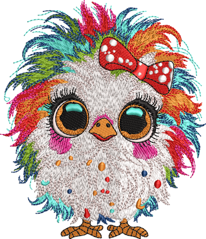 8 Motifs de broderie machine : Poules colorées avec noeud