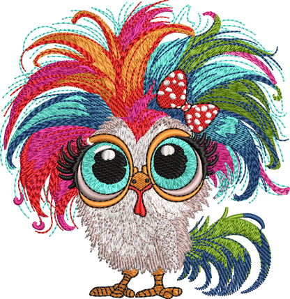 8 Motifs de broderie machine : Poules colorées avec noeud