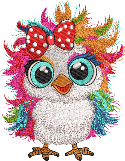 8 Motifs de broderie machine : Poules colorées avec noeud
