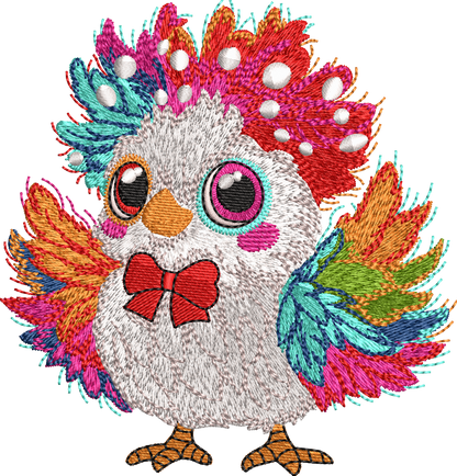 8 Motifs de broderie machine : Poules colorées avec noeud