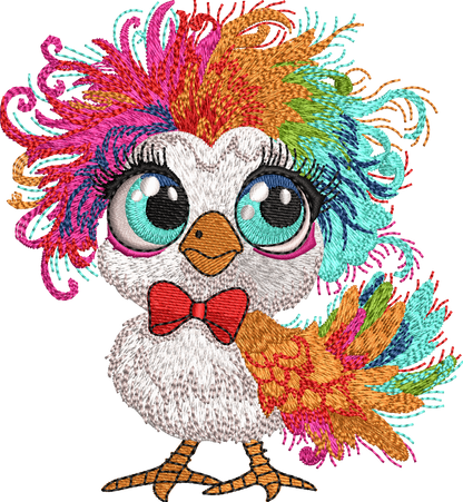 8 Motifs de broderie machine : Poules colorées avec noeud