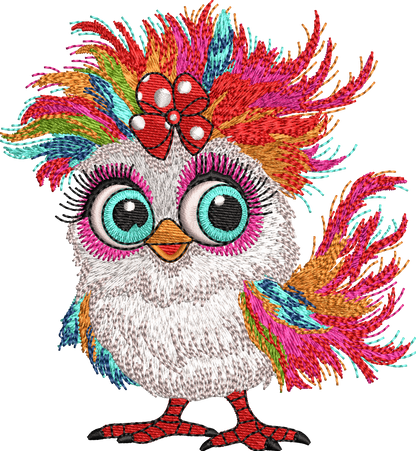 8 Motifs de broderie machine : Poules colorées avec noeud