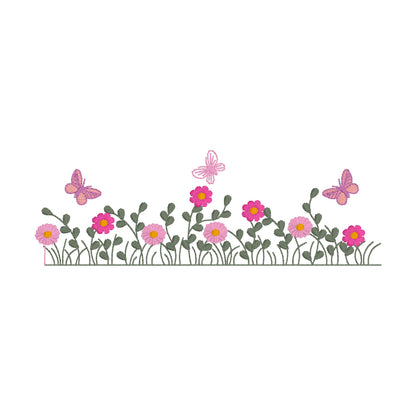 Motif de broderie machine : Bordure Petites Fleurs et Papillons