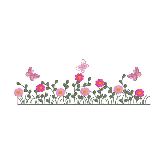 Motif de broderie machine : Bordure Petites Fleurs et Papillons