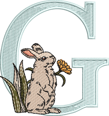 26 Motifs de broderie machine : Alphabet Lapin Fleur