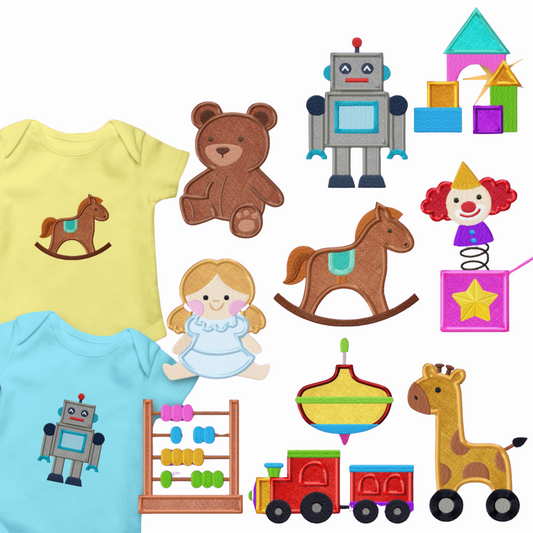 Pack de 10 motifs de broderie numérique et appliqués :  Jouets classiques d'enfants