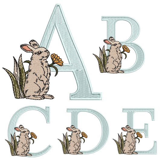 26 Motifs de broderie machine : Alphabet Lapin Fleur