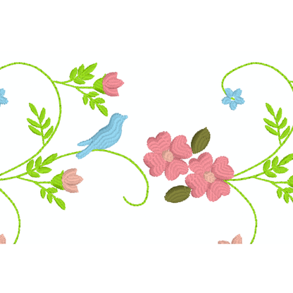 Motif de broderie machine : Bordure deux fleurs et oiseaux